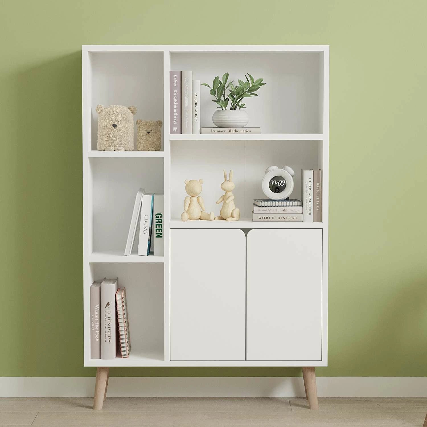 Raft librash Skye Decor, ngjyrë e bardhë, këmbë druri ahu