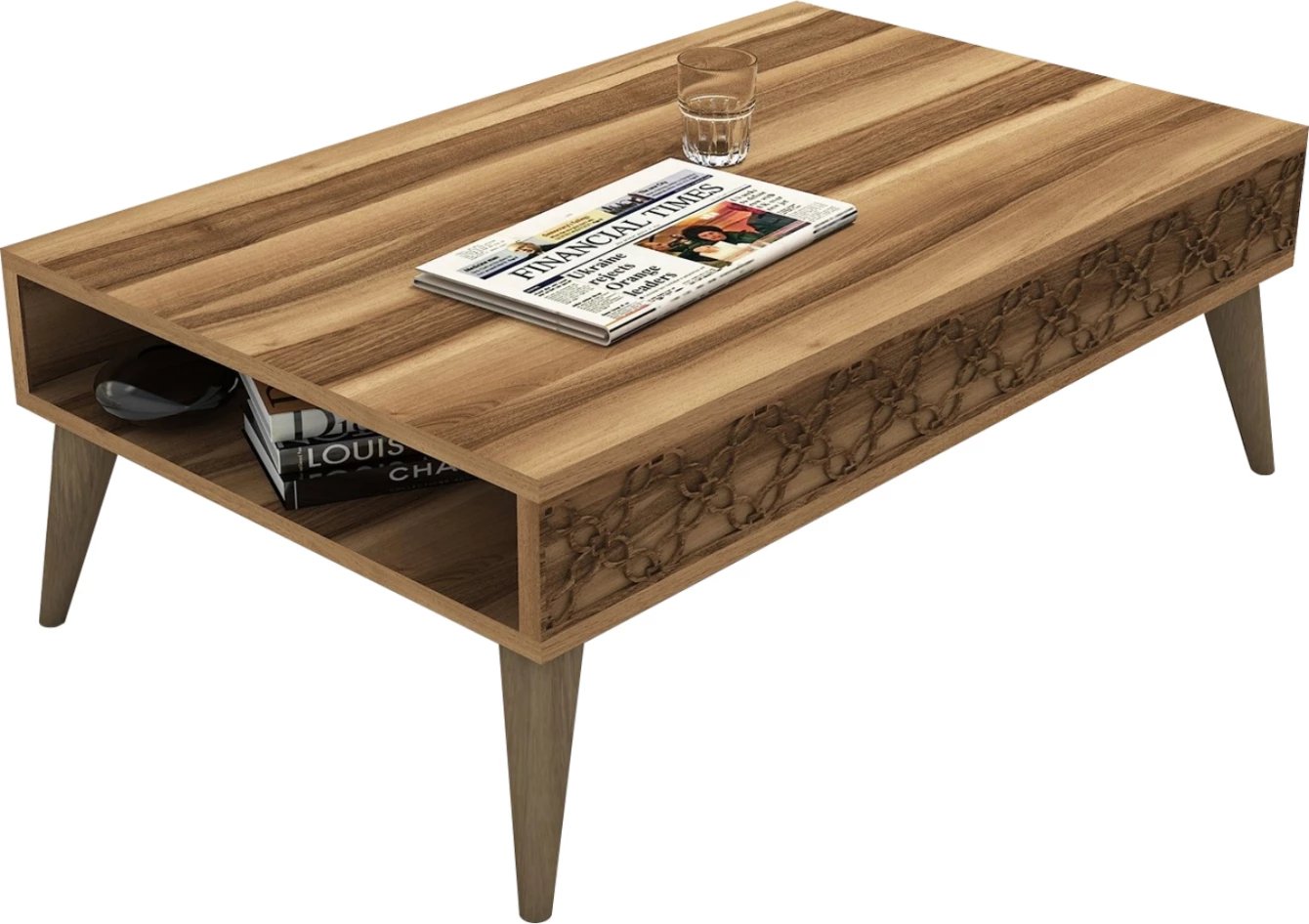 Tavolinë kafeje melamine, ngjyrë arre, me anë të gdhendura, FH9499.01, 105x60x36.6H cm