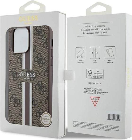 Mbështjellës Guess 4G Printed Stripes MagSafe për iPhone 15 Pro Max, Kafe