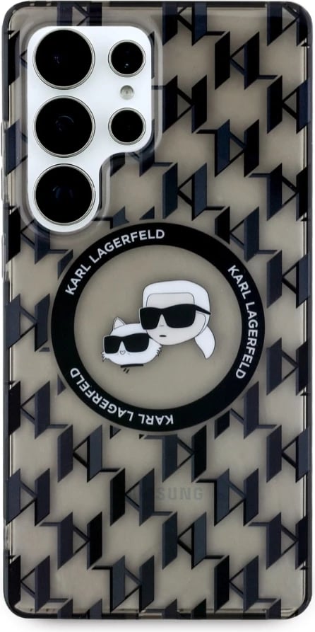Mbështjellës Karl Lagerfeld Button Karl & Choupette Heads On KL Pattern MagSafe për Samsung Galaxy S25 Ultra, zi