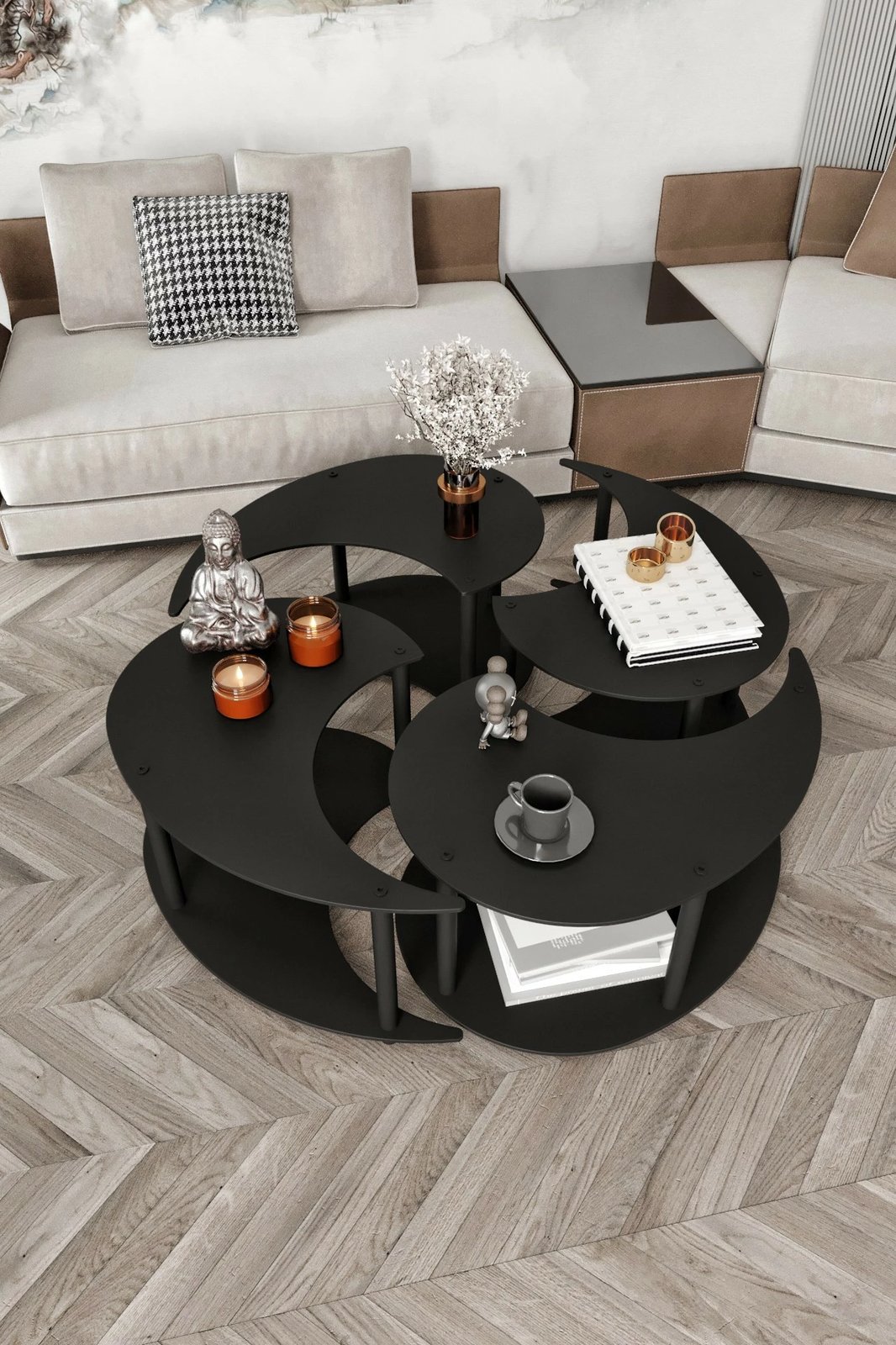 Set tavolinash kafeje Skye Decor, Yin Yang 4 copë, e zezë