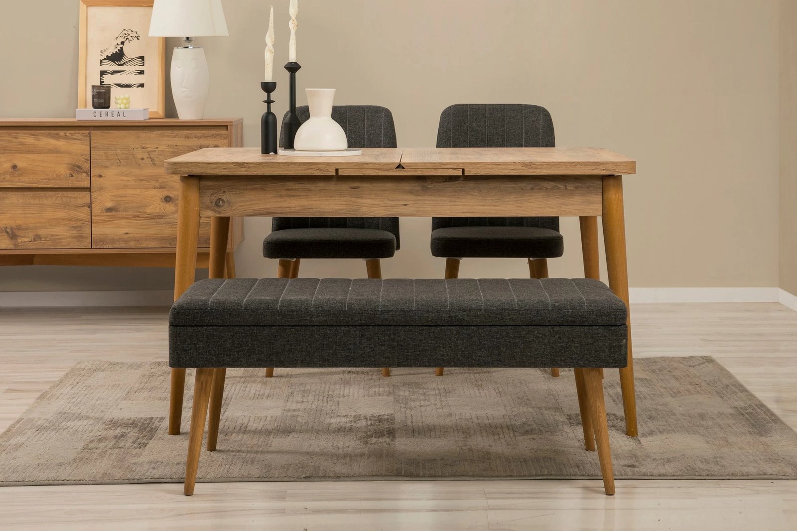 Set tavoline e zgjatshme me karrige dhe konsol (5 copë), Skye Decor, Vina 02 1053, ngjyrë pishë Atlantiku, antracit