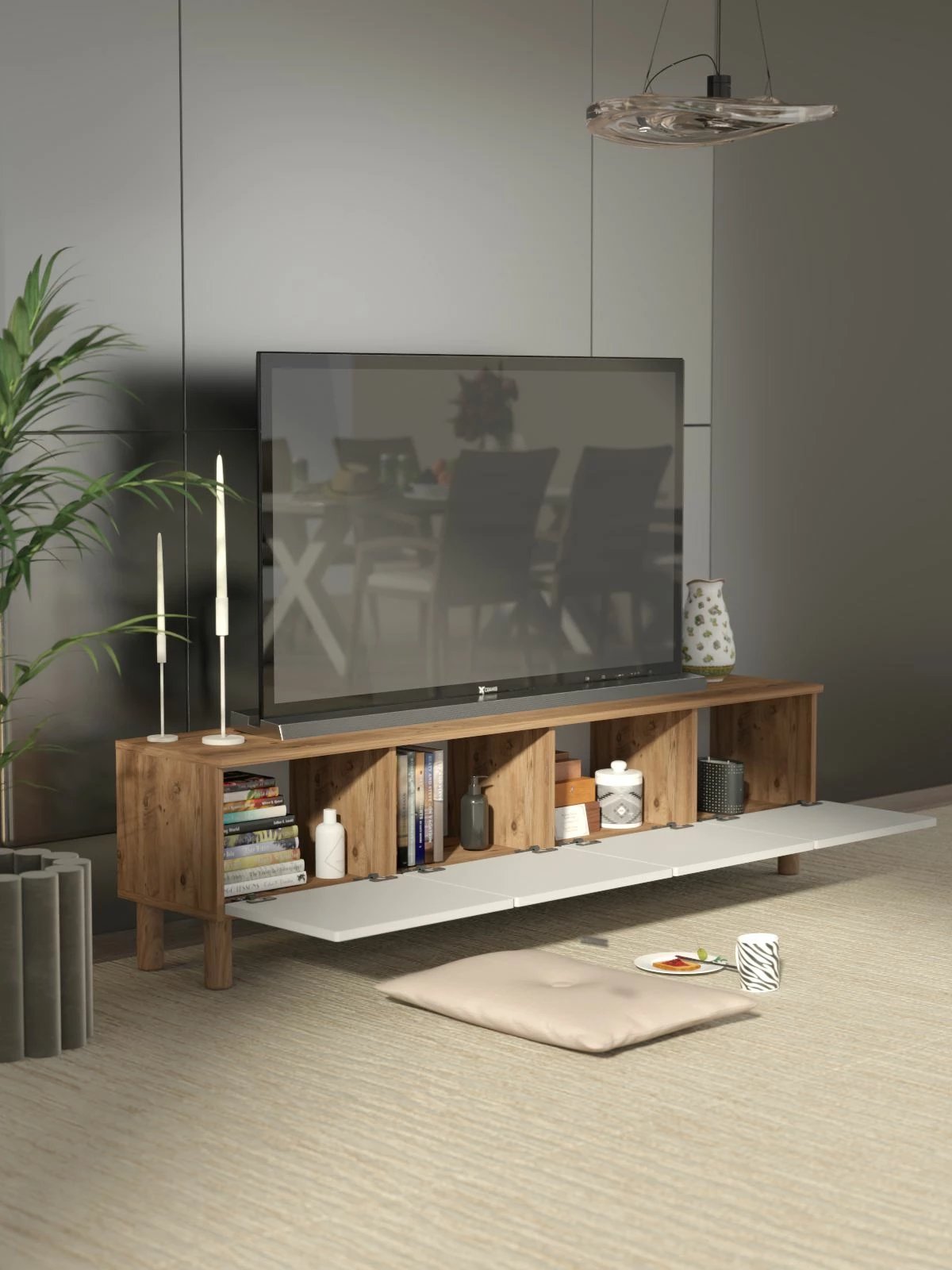 Komodë TV Skye Decor, ngjyrë Atlantic Pine dhe e bardhë, Mavora