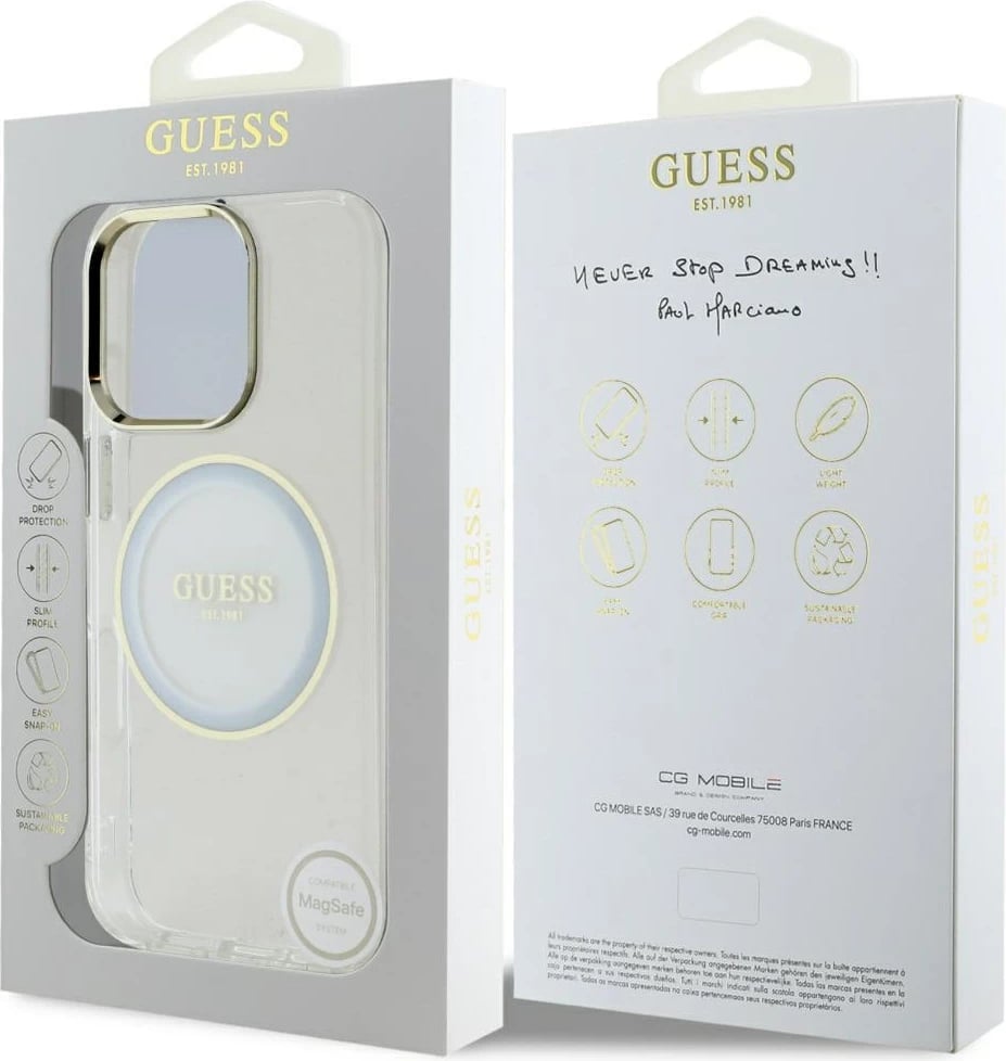 Mbështjellës Guess IML Metal Colored Circle Classic Logo MagSafe për iPhone 16 Pro, Bardhë