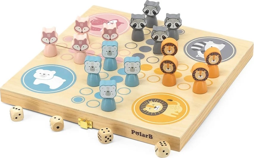 lojë tavoline druri, Viga, Mos u Zemëro, set me 16 figura kafshësh dhe 4 zara, kuti druri, multikolor