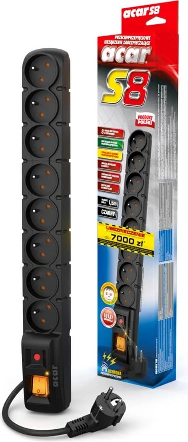 Shirit rryme Acar S8, 8 dalje AC, 230 V, 3m, Zi