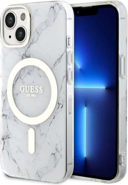 Mbështjellës Guess Marble MagSafe për iPhone 14 Plus 6.7", i bardhë