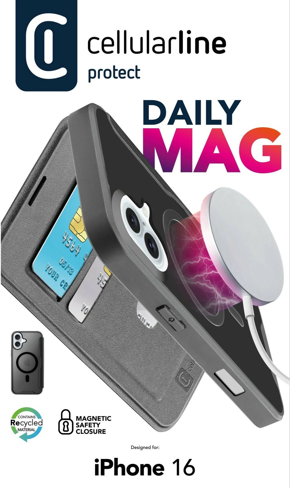 Mbështjellës Cellularline Book Case Daily MAG për iPhone 16, e zezë