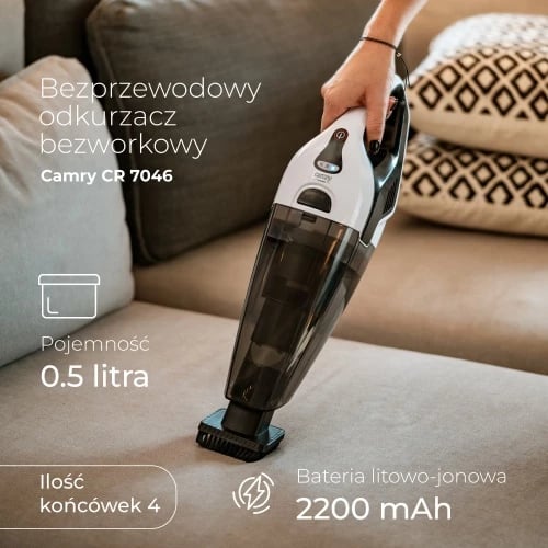 Fshesë me korrent pa qese dorëmbajtëse, Camry, CR 7046, 0.5L 200W 7000Pa HEPA H12, pa kabllo 20 min, set me 4 koka Fshesë me korrent pa qese dorëmbajtëse, Camry, CR 7046, 0.5L 200W 7000Pa HEPA H12, pa kabllo 20 min, set me 4 koka