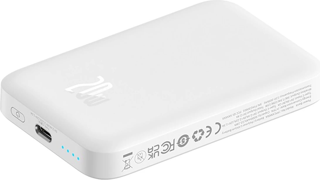 Powerbank Baseus Magnetic Mini Air PPCXM06A, 6000mAh, 20W, MagSafe, me kabllo USB-C, Bardhë