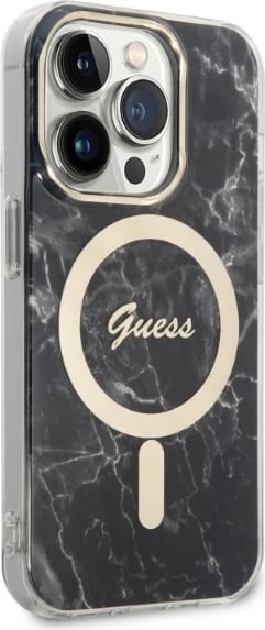 Set mbështjellës Guess Marble Collection me karikues wireless MagSafe për iPhone 14 Pro Max, 6.7", zi/artë