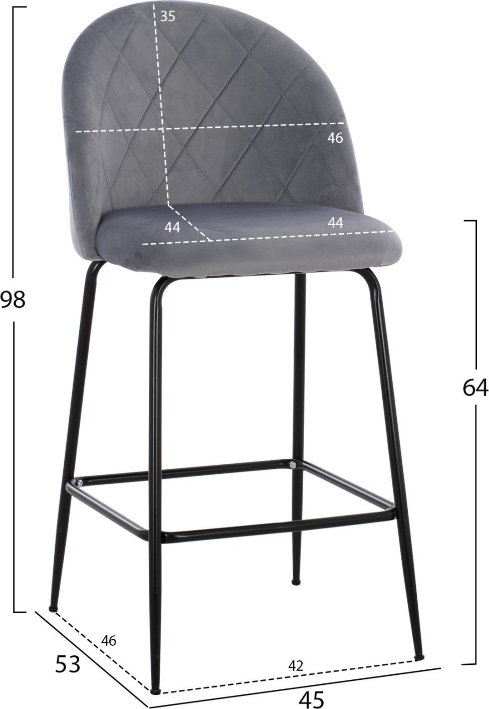 Karrige për bar, lartësi mesatare, FH8732.11, këmbë metalike, kadife gri, 50x56x98 cm., set prej 2 copë