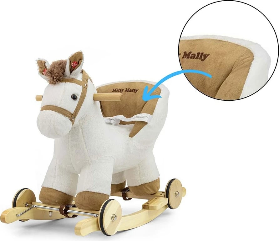 Kalë luhatës 2-në-1, Milly Mally, Polly, me rrota dhe tinguj, 12–36 muaj, i bardhë