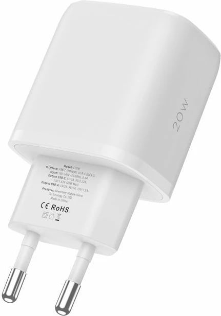 Karikues muri Tech-Protect C20W, 20W, 2 porta (USB-C PD, USB-A QC 3.0), i bardhë