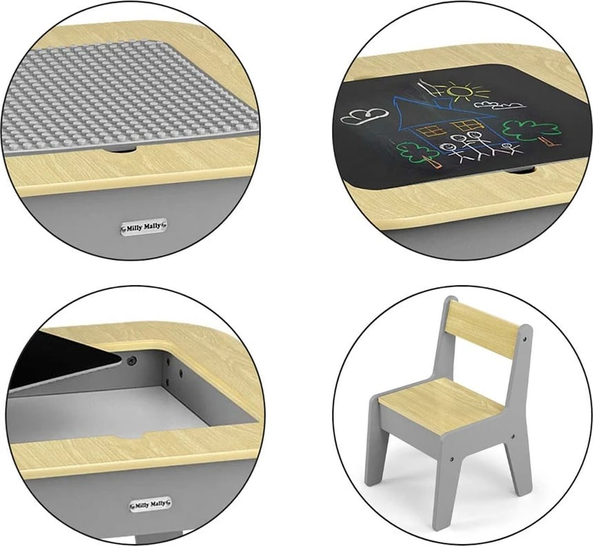Set tavolinë dhe karrige fëmijësh, MILLY MALLY, Olaf Blocks, sipërfaqe e kthyeshme me tabelë shkumësi dhe hapësirë magazinimi, set 3-copësh, gri e errët
