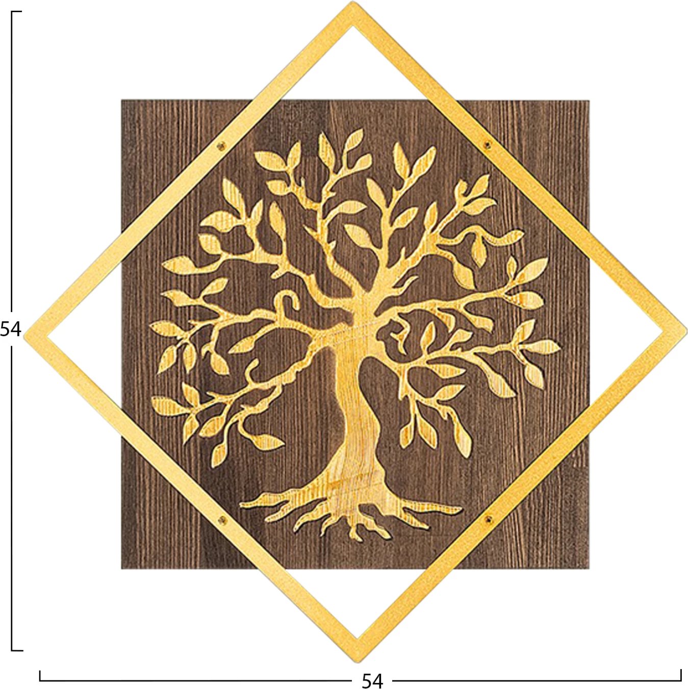 Dekor muri me figurë peme, metal ngjyrë ari, dru arre, FH4752, 54x3x54cm