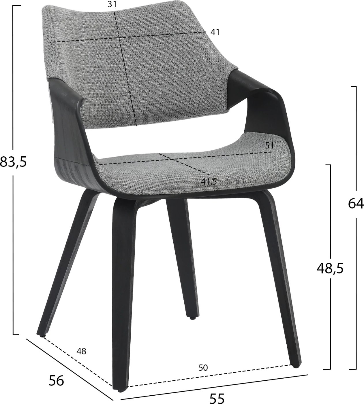 Karrige për tavolinë ngrënieje NETTO FH9976.02, kornizë druri, pëlhurë ngjyrë zezë-gri, 55x56x83.5 cm