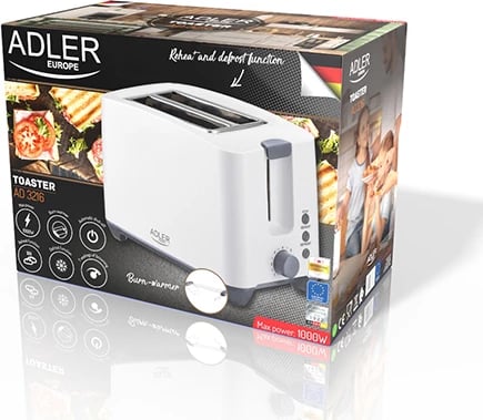 Toster, Adler, AD 3216, 2 feta, 1000W, me rrjetë ngrohëse për bukë/rolle, i bardhë