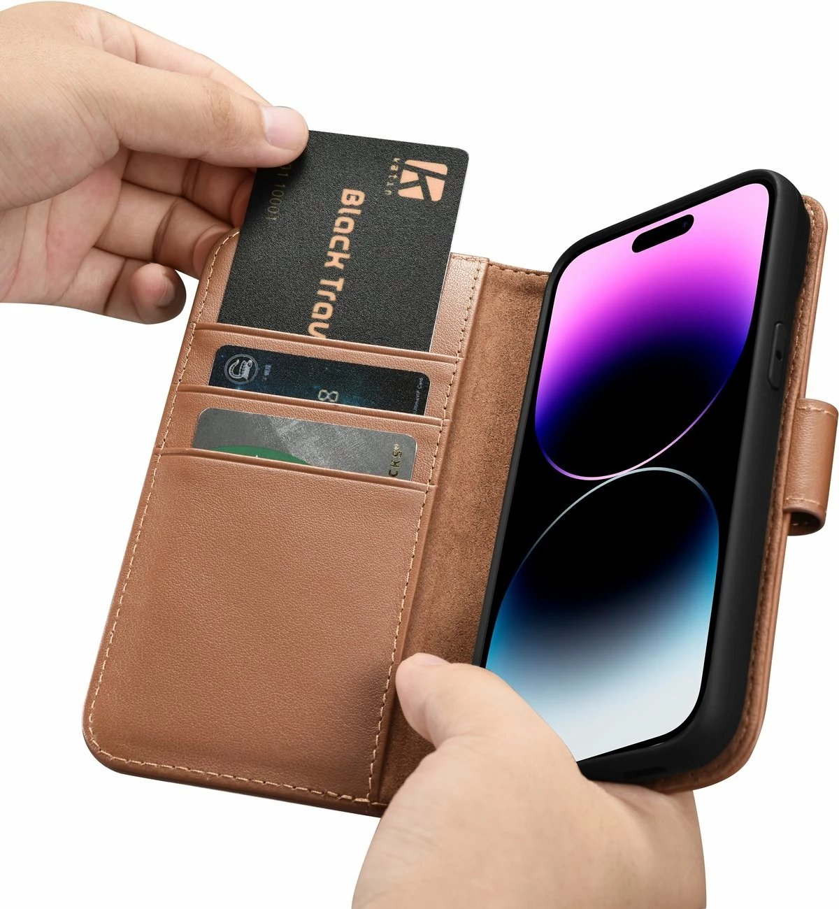 Mbështjellës iCarer Wallet Case 2in1 për iPhone 14 Pro Max, lëkurë natyrale, Anti-RFID, Kafe