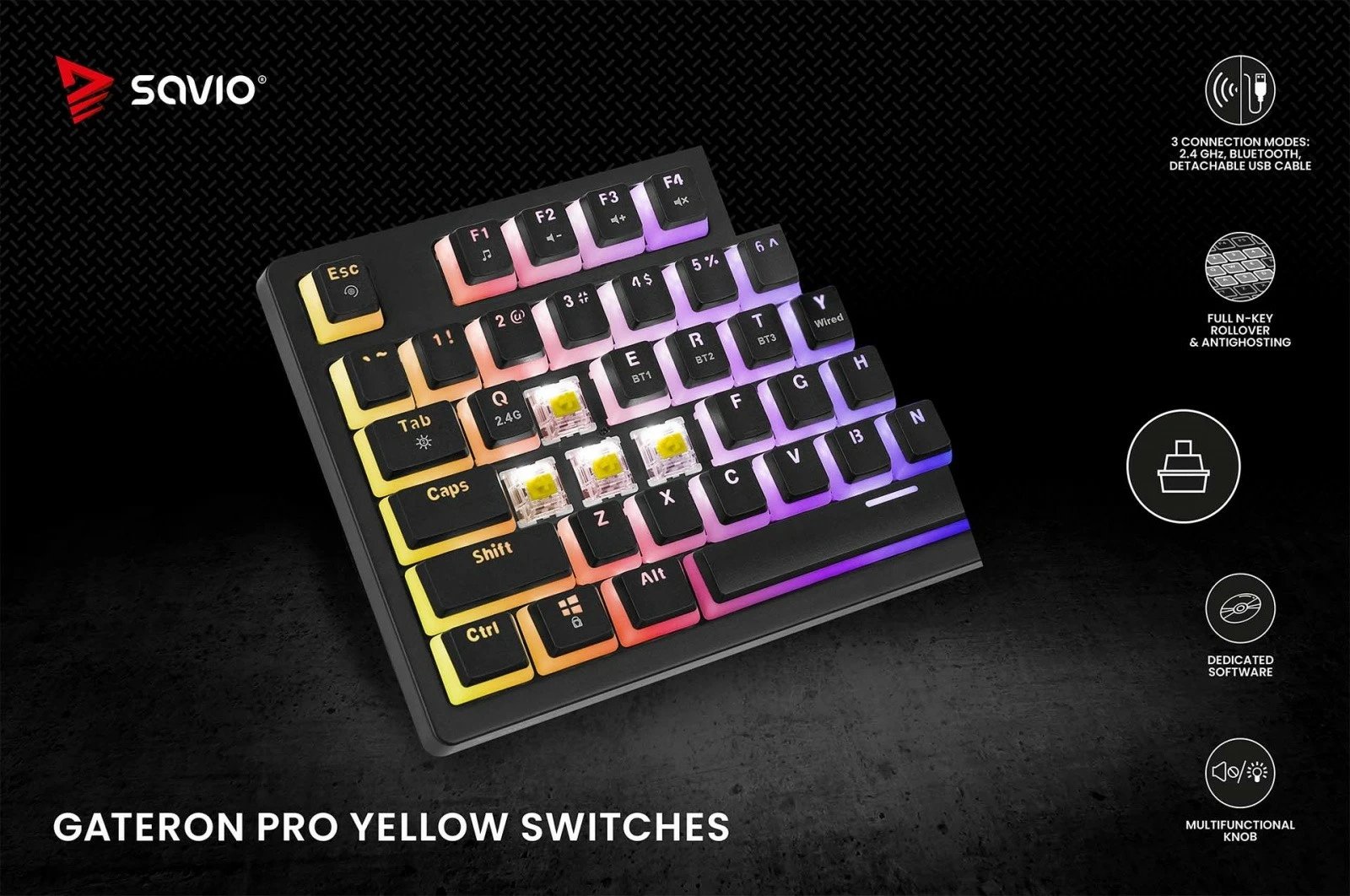 Tastierë mekanike Savio Phenix, Gateron Yellow Pro, wireless/përmes kabllos, RGB, e zezë Tastierë mekanike Savio Phenix, Gateron Yellow Pro, wireless/përmes kabllos, RGB, e zezë