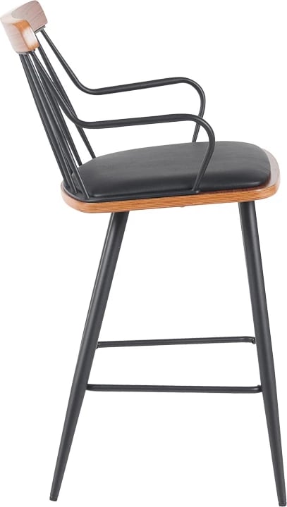 Karrige për bar Posse, metal i zi, dru arre, ulëse lëkure e zezë, 48x54x92.5cm