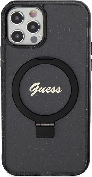Mbështjellës Guess Ring Stand Script Glitter MagSafe për iPhone 12/12 Pro, i zi