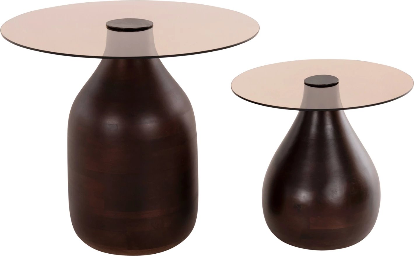 Tavolina anësore 2 copë CHANG FH9668 dru mango ngjyrë kafe, xham sipër Φ55x49,5H & Φ40x36,5H cm