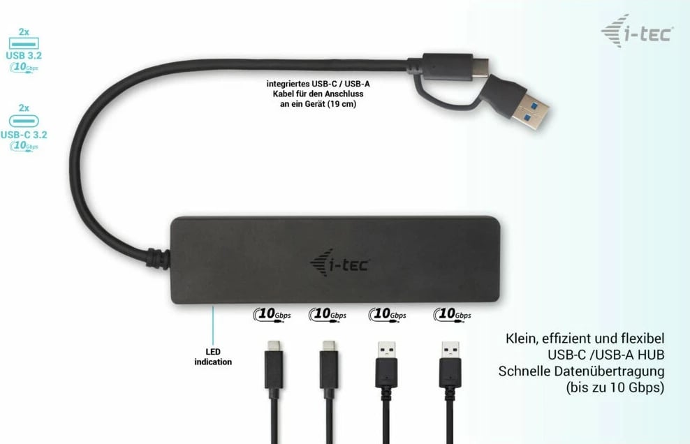 USB HUB I-Tec Metal, 4 porta (2x USB 3.0 + 2x USB-C), 10 Gbps, i zi