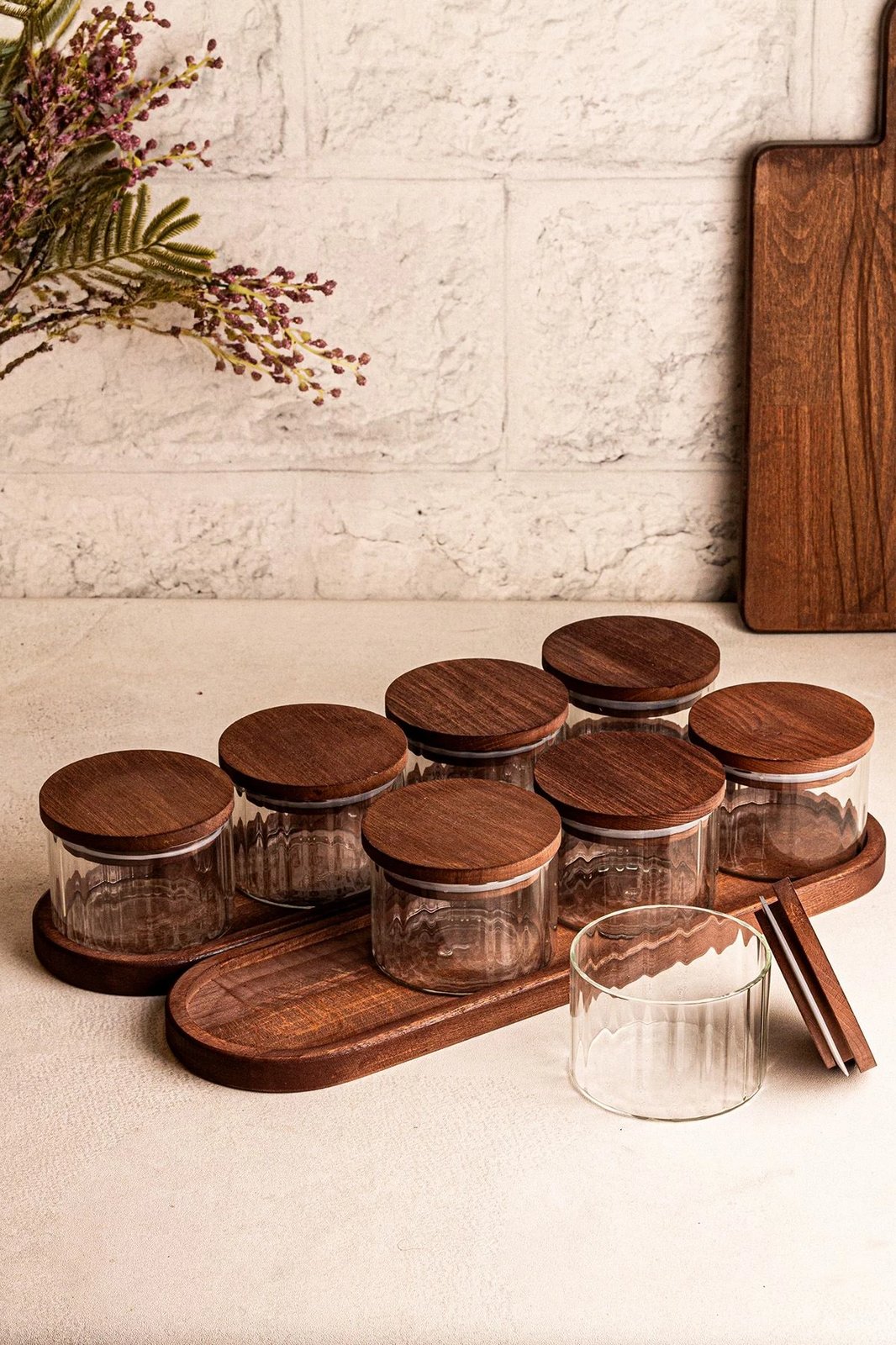 Set tasash prej xhami me kapakë druri, 18 pjesë, Hermia Concept, Liny 10
