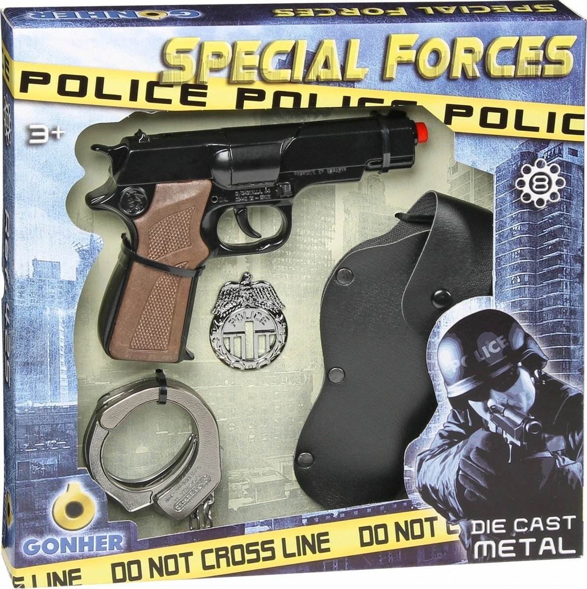 Set policie për fëmijë Pulio Gonher 155425/6, me pistoletë, pranga dhe kaburë, ngjyrë zezë/kafe/argjend
