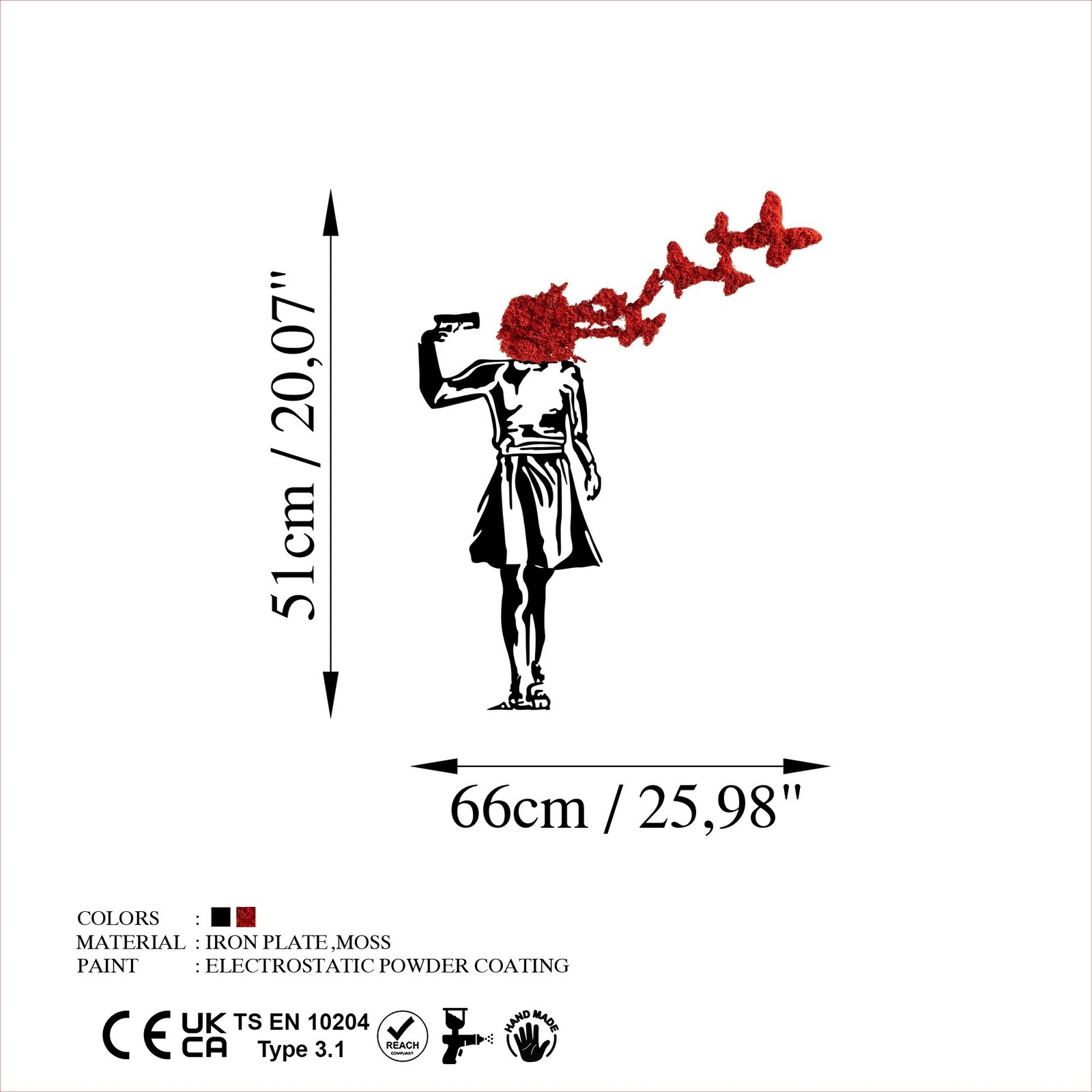 Aksesor dekorativ metalik për mur, Wallity Banksy, e kuqe/zezë, 66x51cm