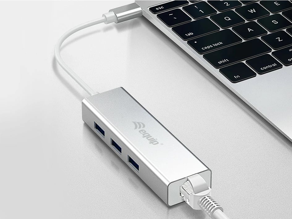 USB-C hub Equip 133481, 3 porte USB 3.0, Gigabit Ethernet, alumini, silver