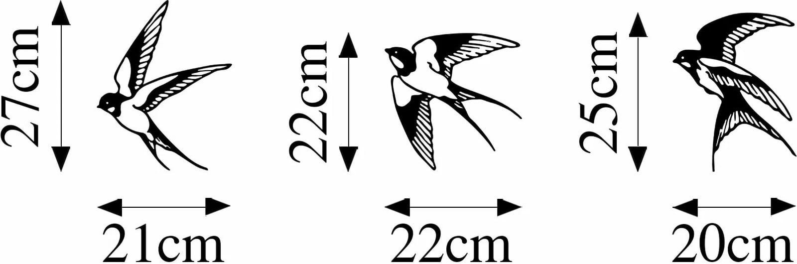 Aksesor dekorativ metalik për mur, dallëndyshe, 3 copë, Wallity - 294