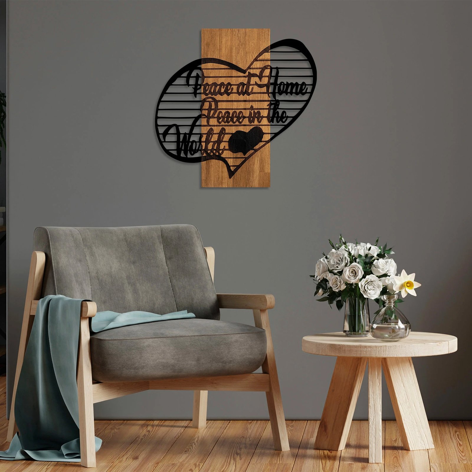 Aksesor dekorativ druri për mur, Peace At Home Peace in The World, ngjyrë arre dhe e zezë, 58x59cm