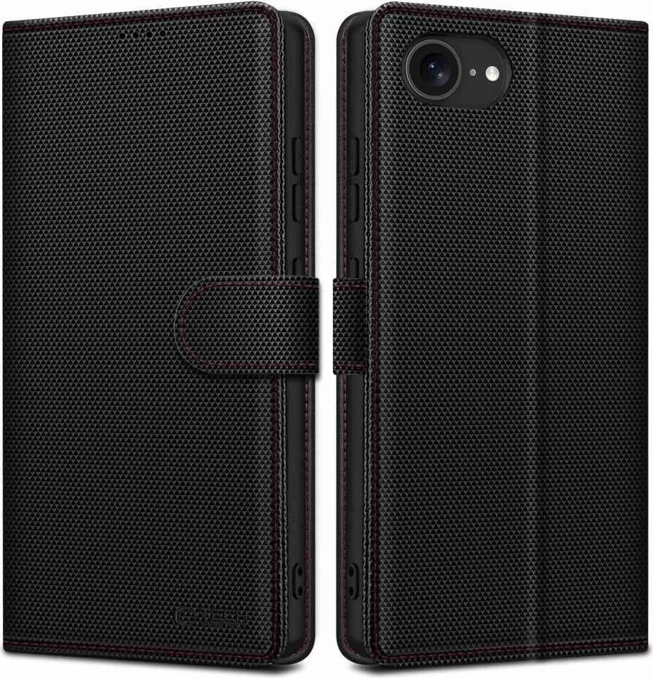 Mbështjellës Tech-Protect Wallet RS për iPhone 16e, eko-lëkurë, e zezë/kuqe