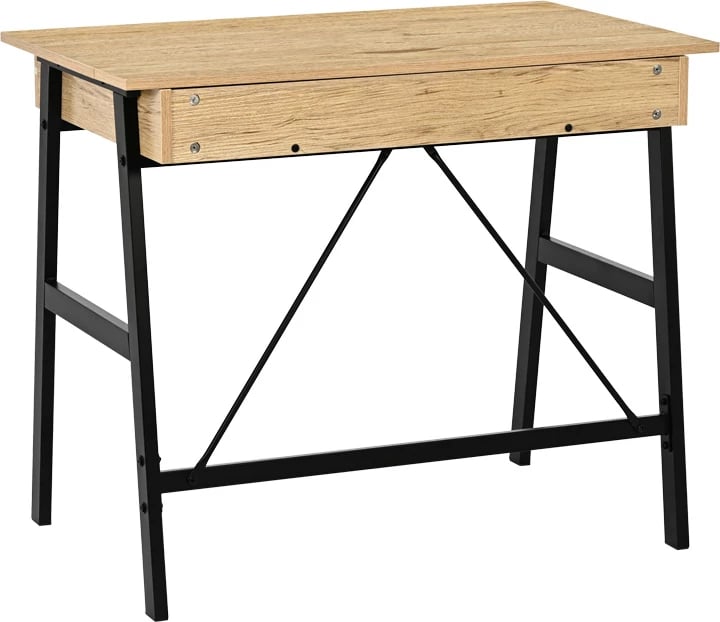 Tavolinë pune me sirtarë, ngjyrë lisi, këmbë metalike të zeza, Lione, 90x50x75cm