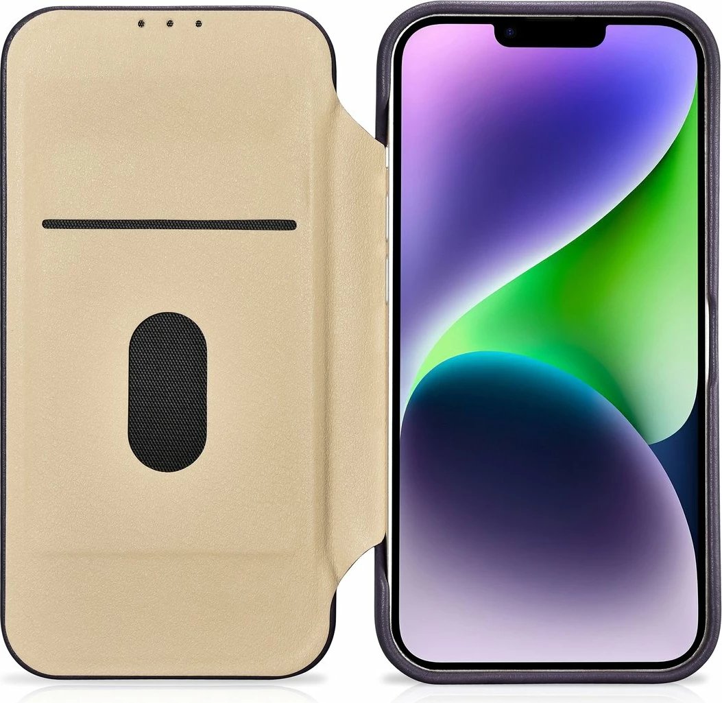 Mbështjellës iCarer CE Premium lëkurë, për iPhone 14 Plus, MagSafe, vjollcë e errët