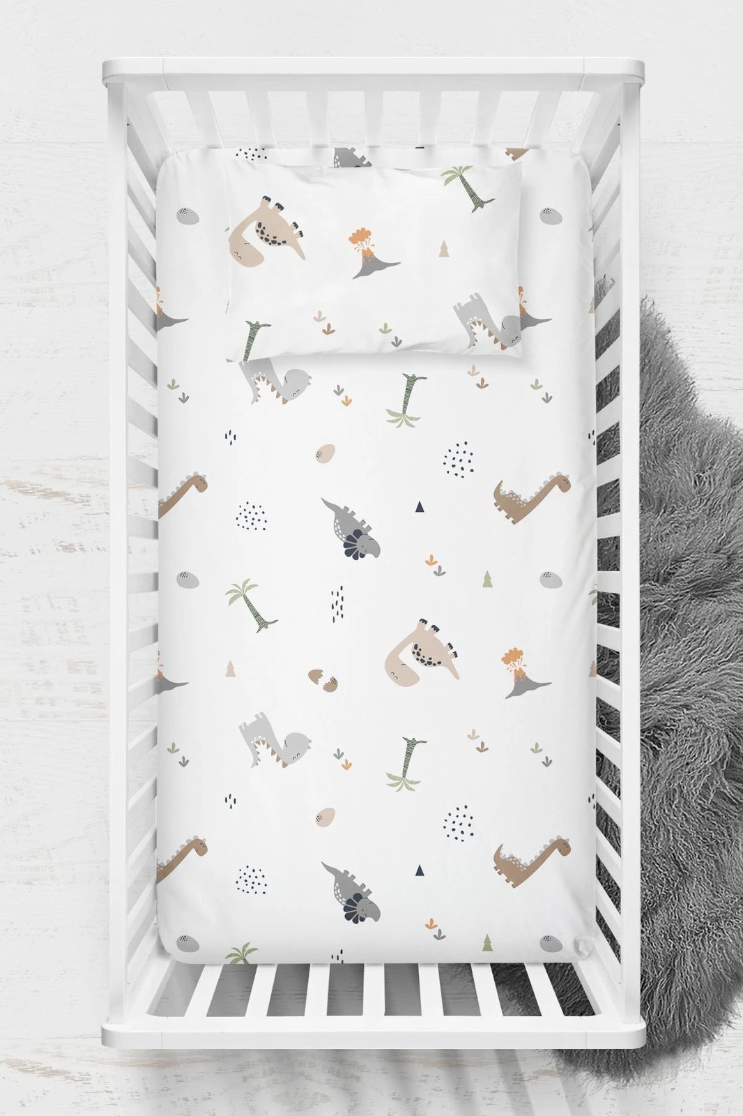 Set çarçafi me lastik për foshnje, L'essentiel, Dinozor, ranforce, gri/mustard/kafe