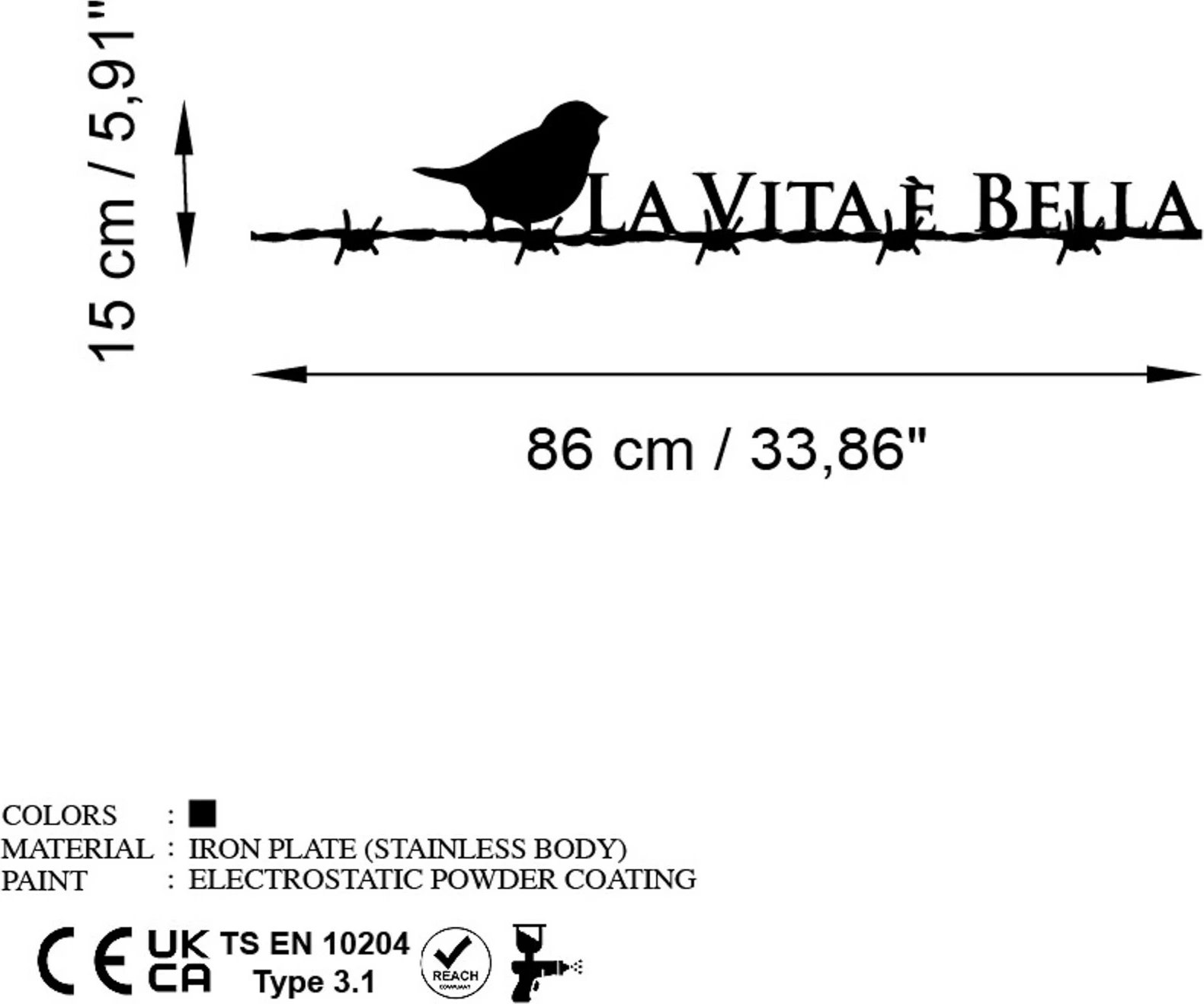 Aksesor dekorativ metalik për mur, Wallity Vita E Bella 4, ngjyrë e zezë, 86x15cm