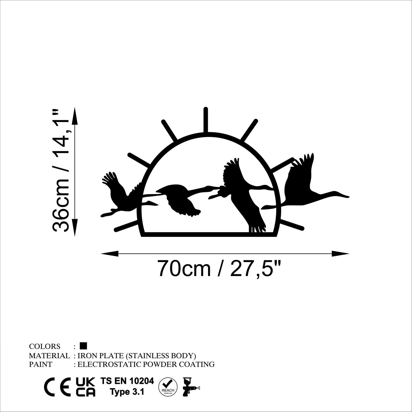 Aksesor dekorativ metalik për mur, zogj migrantë, Wallity, i zi, 70x36cm