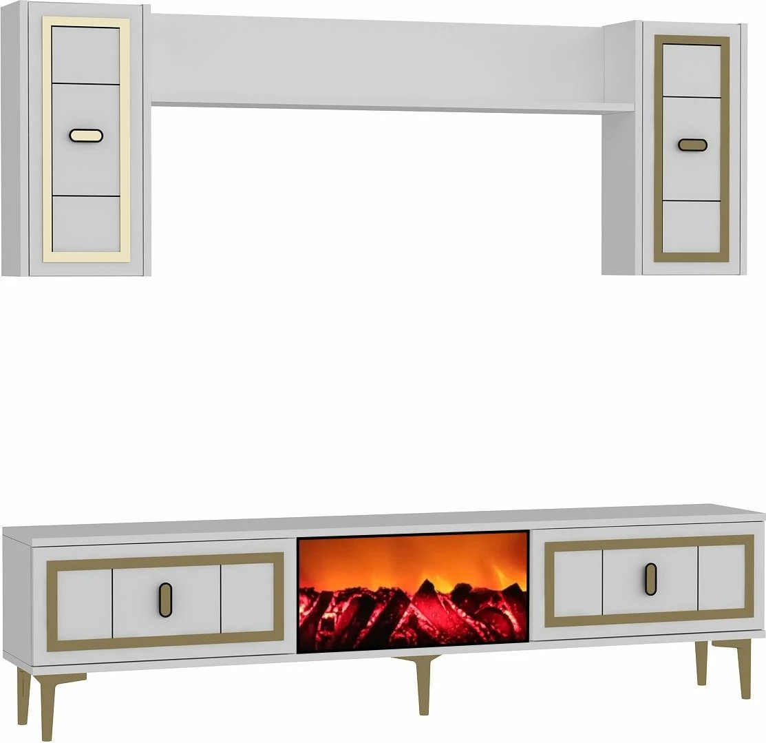 Njësi TV Skye Decor, me oxhak Orion, e bardhë dhe ari