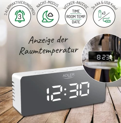 Orë me alarm, Adler AD 1189, ekran LED, shfaqje temperature dhe date, ndriçim i rregullueshëm, USB/3xAAA, e bardhë