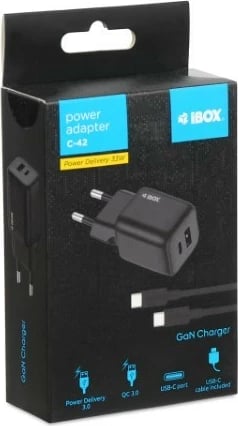 Karikues muri iBOX C42B, 33W, 2 porta (USB-C & USB-A), me kabllo USB-C, Zi
