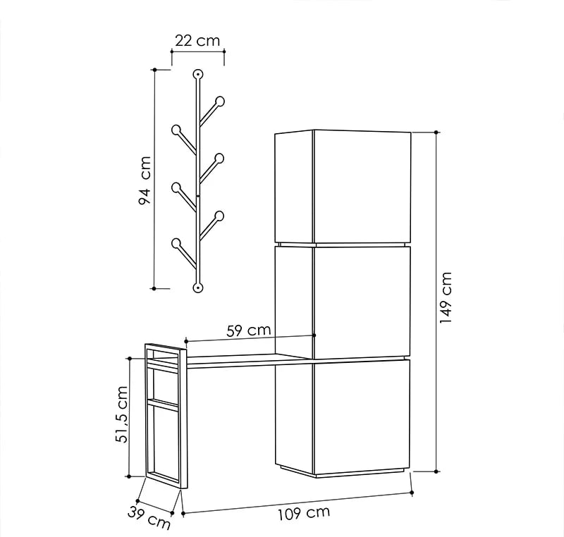 Stendë për korridor Mello, ngjyrë lisi - antracit, 109x39x149cm