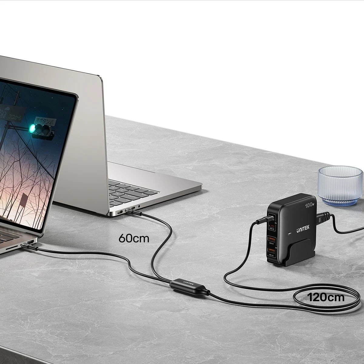 Kabllo Unitek USB-C 2n1 PD 100W silikon 1.8m zi