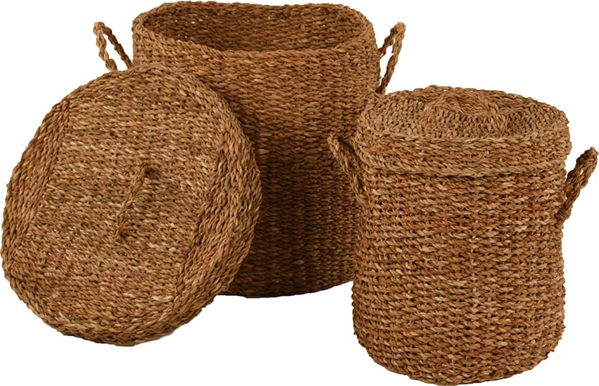 Set shporta prej bari deti me kapak, natyrale, 2 copë, 44x44x45