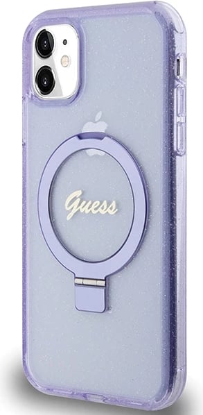 Mbështjellës Guess Ring Stand Script Glitter MagSafe për iPhone 11/XR, vjollcë