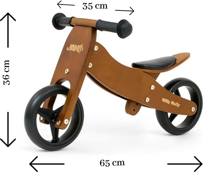 Bicikletë-balancë/tricikel druri 2-në-1, Milly Mally JAKE, rrota shkumë 7", ulëse e rregullueshme, deri 25 kg, Dark Natural kafe