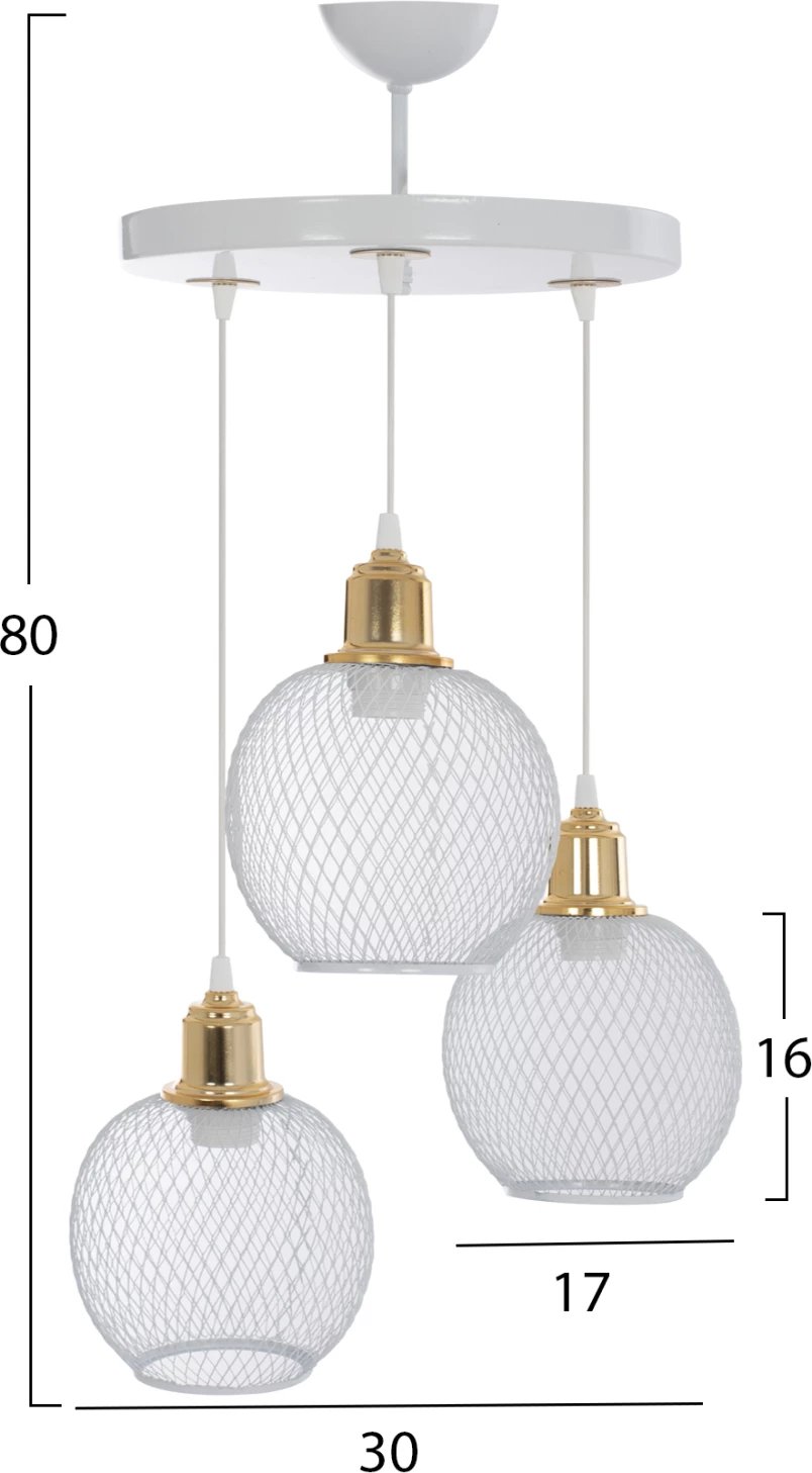 Llambë tavani me 3 drita, rrjeta metalike sferike të bardha, Φ30x80H cm, FH7689.02