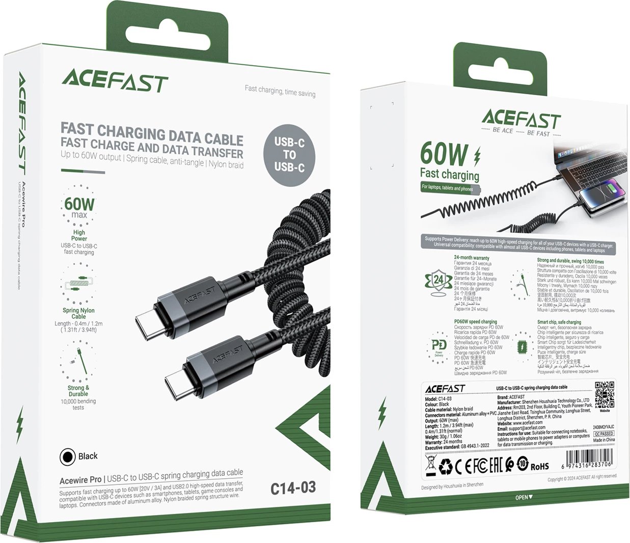 Kabllo USB-C në USB-C Acefast C14-03, 1.2m, 3A, 480Mb/s, e zezë